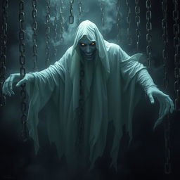 A realistic ghostly figure surrounded by an abundance of floating chains, creating an ominous and menacing atmosphere