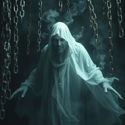 A realistic ghostly figure surrounded by an abundance of floating chains, creating an ominous and menacing atmosphere