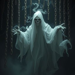 A realistic ghostly figure surrounded by an abundance of floating chains, creating an ominous and menacing atmosphere