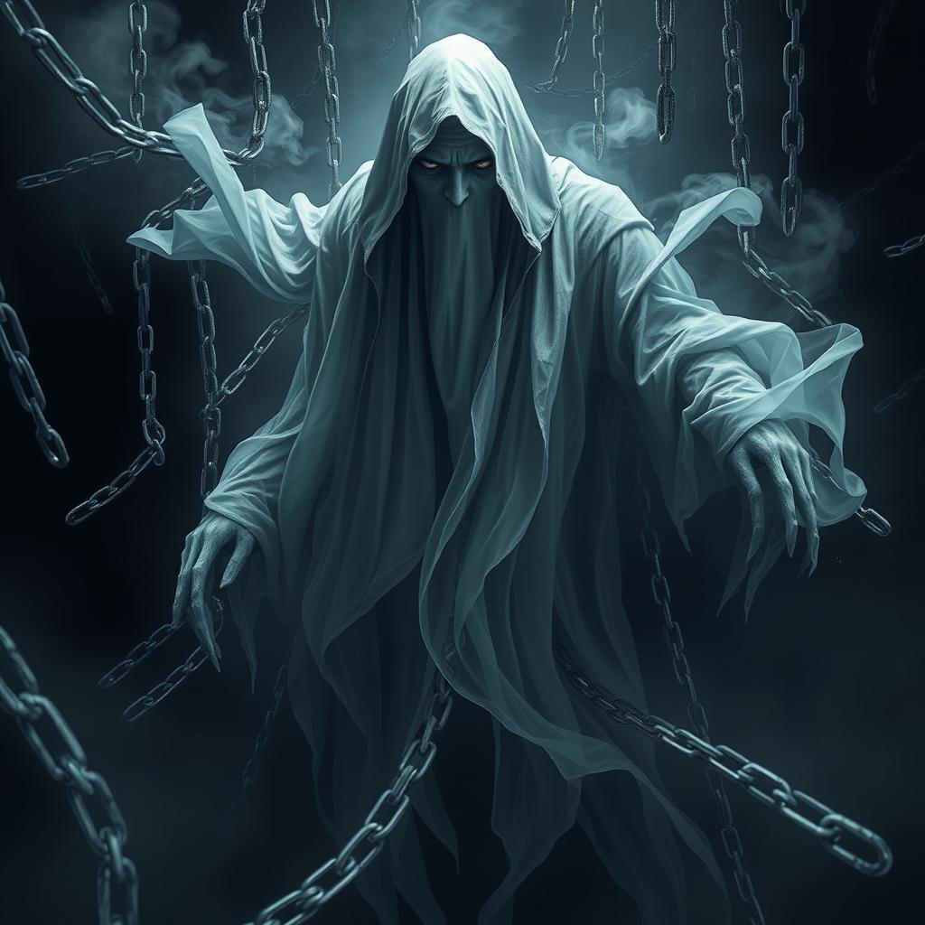 A realistic ghostly figure surrounded by an abundance of floating chains, creating an ominous and menacing atmosphere