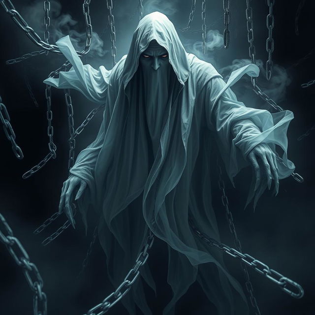 A realistic ghostly figure surrounded by an abundance of floating chains, creating an ominous and menacing atmosphere