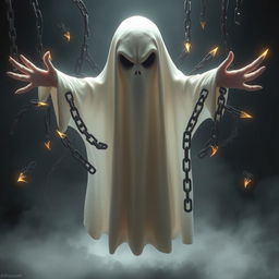 A realistic ghost figure, ethereal and semi-transparent, with menacing eyes and a haunting presence