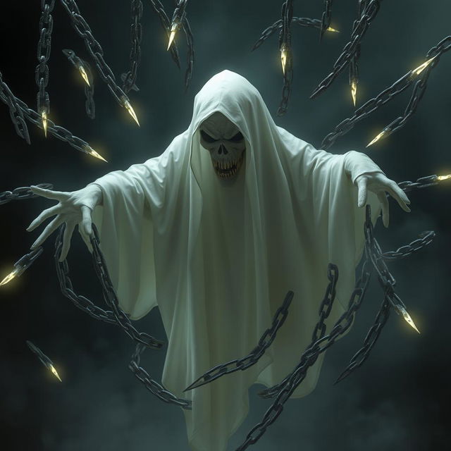 A realistic ghost figure, ethereal and semi-transparent, with menacing eyes and a haunting presence