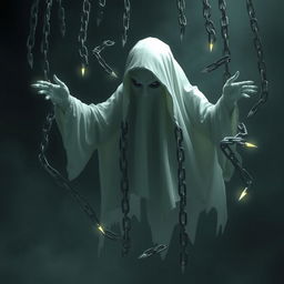 A realistic ghost figure, ethereal and semi-transparent, with menacing eyes and a haunting presence