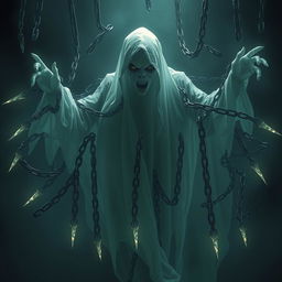 A realistic ghost figure, ethereal and semi-transparent, with menacing eyes and a haunting presence