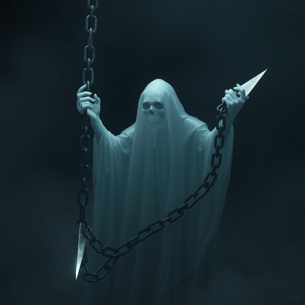 A realistic, ethereal ghost holding a giant, ominous floating chain, its sharp tip glistening menacingly in the dim light