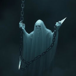 A realistic, ethereal ghost holding a giant, ominous floating chain, its sharp tip glistening menacingly in the dim light