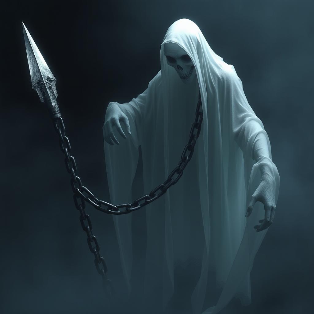 A realistic, ethereal ghost holding a giant, ominous floating chain, its sharp tip glistening menacingly in the dim light