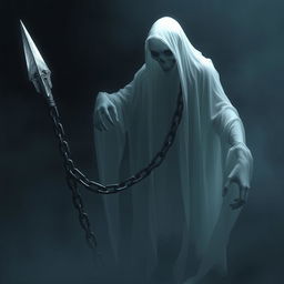 A realistic, ethereal ghost holding a giant, ominous floating chain, its sharp tip glistening menacingly in the dim light