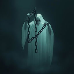 A realistic, ethereal ghost holding a giant, ominous floating chain, its sharp tip glistening menacingly in the dim light