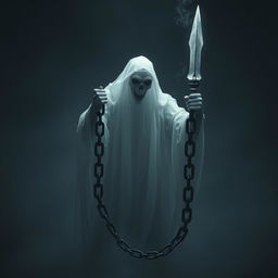 A realistic, ethereal ghost holding a giant, ominous floating chain, its sharp tip glistening menacingly in the dim light