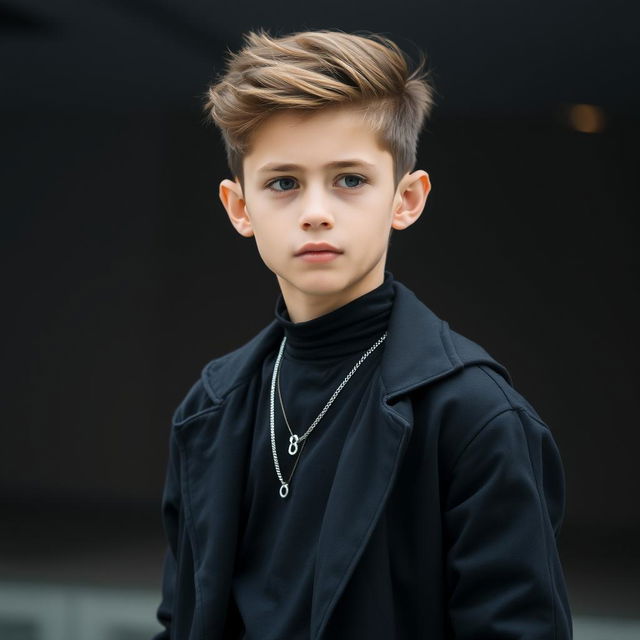 a boy dressed in black clothing, showcasing a stylish and modern outfit, in a contemplative pose