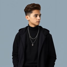 a boy dressed in black clothing, showcasing a stylish and modern outfit, in a contemplative pose