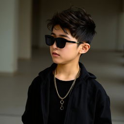 a boy dressed in black clothing, showcasing a stylish and modern outfit, in a contemplative pose