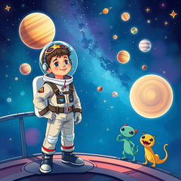 A vibrant and colorful illustration of a young boy, Pietro, dressed as a brave astronaut, standing proudly on the deck of his spaceship, Estrela Brilhante, in the vast and starry universe of the year 2153