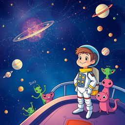 A vibrant and colorful illustration of a young boy, Pietro, dressed as a brave astronaut, standing proudly on the deck of his spaceship, Estrela Brilhante, in the vast and starry universe of the year 2153