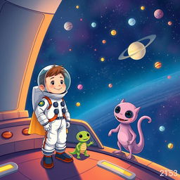 A vibrant and colorful illustration of a young boy, Pietro, dressed as a brave astronaut, standing proudly on the deck of his spaceship, Estrela Brilhante, in the vast and starry universe of the year 2153