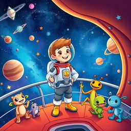 A vibrant and colorful illustration of a young boy, Pietro, dressed as a brave astronaut, standing proudly on the deck of his spaceship, Estrela Brilhante, in the vast and starry universe of the year 2153