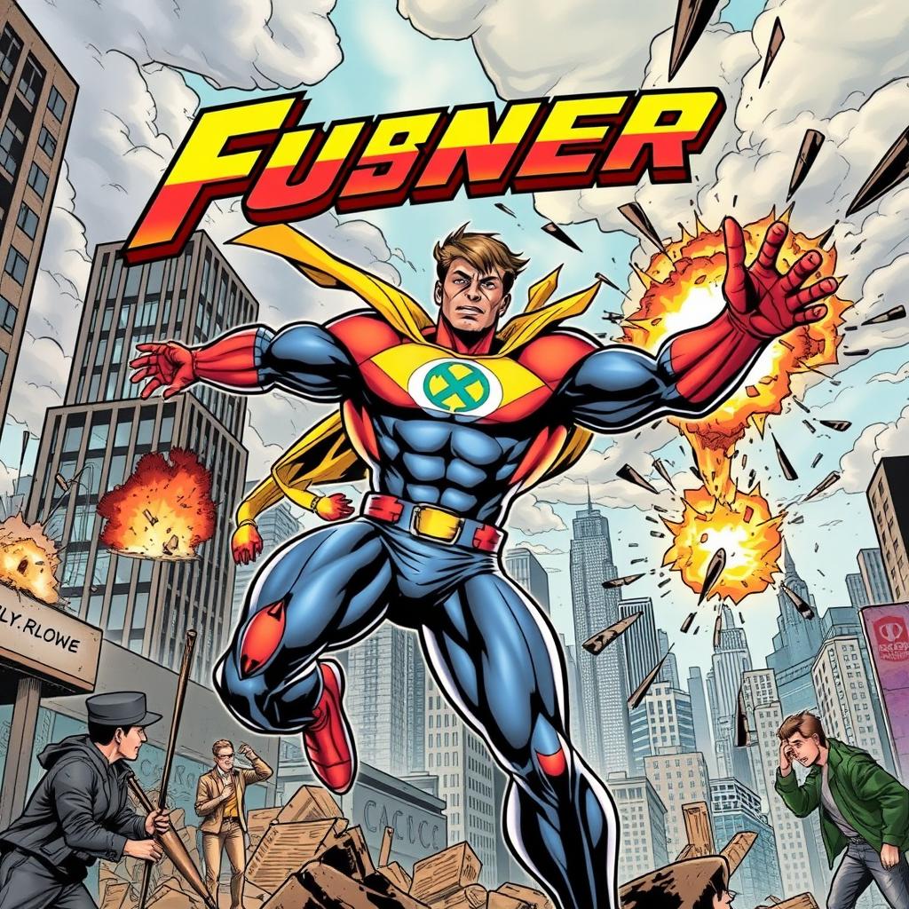 Dynamic superhero in action on a comic book cover, featuring a muscular hero in a striking pose, wearing a vivid, custom-designed costume with a bold emblem on the chest