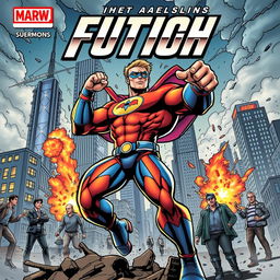 Dynamic superhero in action on a comic book cover, featuring a muscular hero in a striking pose, wearing a vivid, custom-designed costume with a bold emblem on the chest