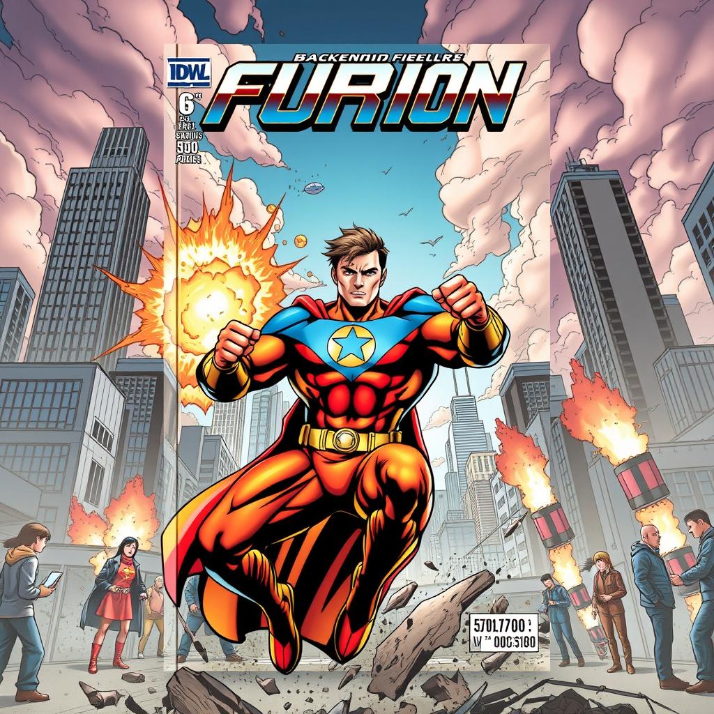 Dynamic superhero in action on a comic book cover, featuring a muscular hero in a striking pose, wearing a vivid, custom-designed costume with a bold emblem on the chest