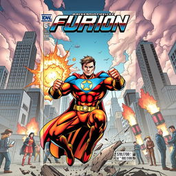 Dynamic superhero in action on a comic book cover, featuring a muscular hero in a striking pose, wearing a vivid, custom-designed costume with a bold emblem on the chest