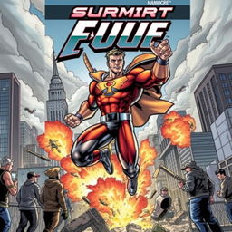 Dynamic superhero in action on a comic book cover, featuring a muscular hero in a striking pose, wearing a vivid, custom-designed costume with a bold emblem on the chest