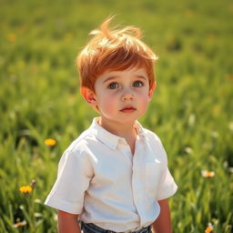 A young boy with vibrant red hair and striking golden eyes, standing in a sunlit meadow