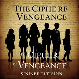 A Wattpad-sized book cover for 'The Cipher of Vengeance' by 'sinnercitisinn', featuring a silhouette scene with six standing college students—three girls and three boys—and a separate, distinct silhouette of a lifeless girl, representing intrigue and tragedy