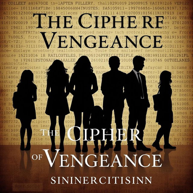 A Wattpad-sized book cover for 'The Cipher of Vengeance' by 'sinnercitisinn', featuring a silhouette scene with six standing college students—three girls and three boys—and a separate, distinct silhouette of a lifeless girl, representing intrigue and tragedy