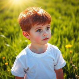 A young boy with vibrant red hair and striking golden eyes, standing in a sunlit meadow