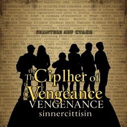 A Wattpad-sized book cover for 'The Cipher of Vengeance' by 'sinnercitisinn', featuring a silhouette scene with six standing college students—three girls and three boys—and a separate, distinct silhouette of a lifeless girl, representing intrigue and tragedy