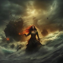 A captivating book cover displaying a ferocious pirate skirmish with elegant mermaids amidst a turbulent ocean setting beneath a tumultuous sky.