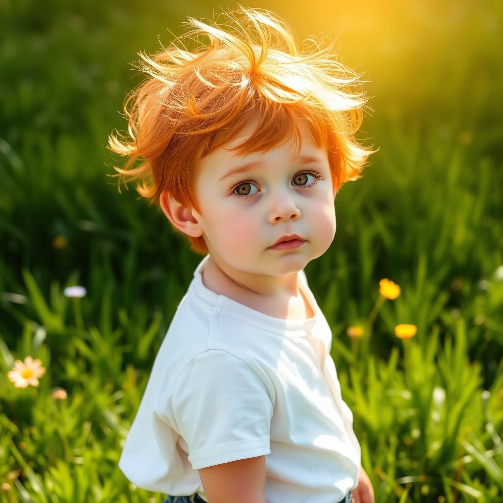 A young boy with vibrant red hair and striking golden eyes, standing in a sunlit meadow