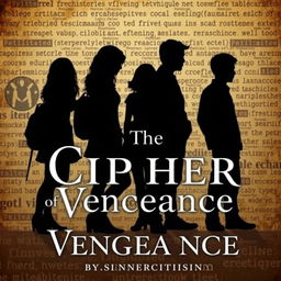 A Wattpad-sized book cover for 'The Cipher of Vengeance' by 'sinnercitisinn', featuring a silhouette scene with six standing college students—three girls and three boys—and a separate, distinct silhouette of a lifeless girl, representing intrigue and tragedy