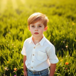 A young boy with vibrant red hair and striking golden eyes, standing in a sunlit meadow