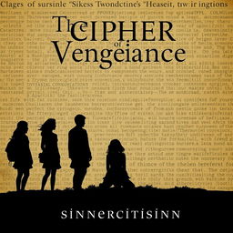 A Wattpad-sized book cover for 'The Cipher of Vengeance' by 'sinnercitisinn', featuring a silhouette scene with six standing college students—three girls and three boys—and a separate, distinct silhouette of a lifeless girl, representing intrigue and tragedy