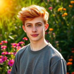 A handsome 17-year-old boy with striking red hair and captivating golden eyes, standing confidently in a vibrant natural setting with lush greenery and colorful flowers around, the sun casting a warm glow giving the scene a magical touch