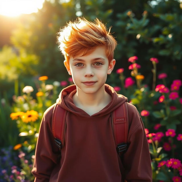 A handsome 17-year-old boy with striking red hair and captivating golden eyes, standing confidently in a vibrant natural setting with lush greenery and colorful flowers around, the sun casting a warm glow giving the scene a magical touch