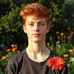 A handsome 17-year-old boy with striking red hair and captivating golden eyes, standing confidently in a vibrant natural setting with lush greenery and colorful flowers around, the sun casting a warm glow giving the scene a magical touch