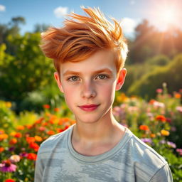 A handsome 17-year-old boy with striking red hair and captivating golden eyes, standing confidently in a vibrant natural setting with lush greenery and colorful flowers around, the sun casting a warm glow giving the scene a magical touch