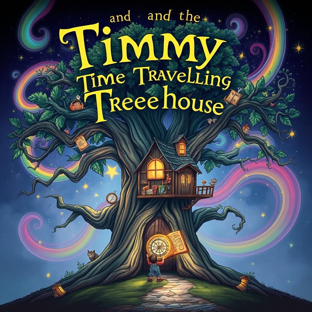 A captivating cover illustration for 'Timmy and the Time-Traveling Treehouse' featuring an ancient, majestic oak tree with a magical treehouse nestled among its branches