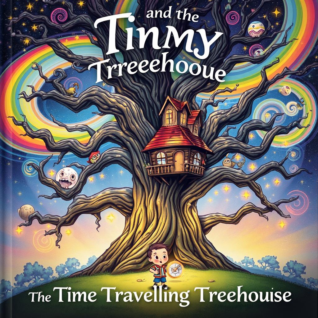 A captivating cover illustration for 'Timmy and the Time-Traveling Treehouse' featuring an ancient, majestic oak tree with a magical treehouse nestled among its branches