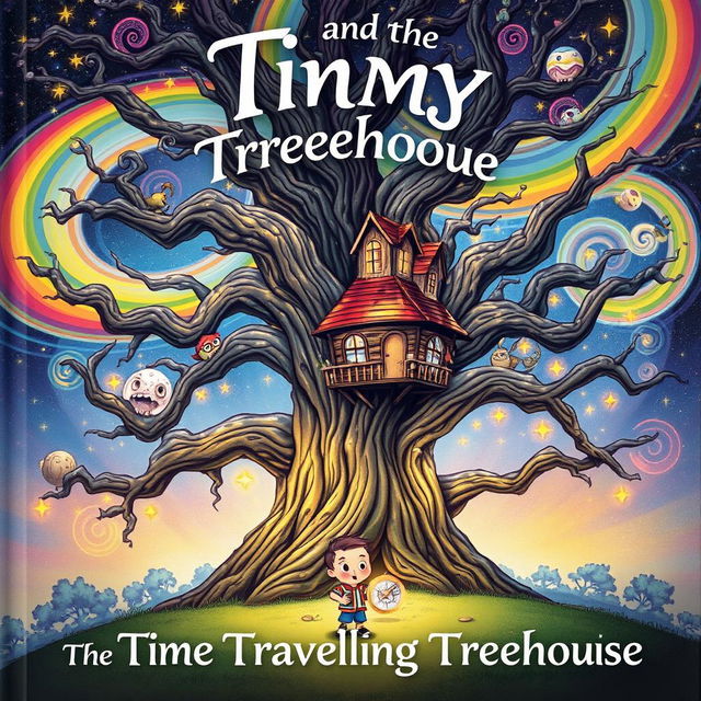 A captivating cover illustration for 'Timmy and the Time-Traveling Treehouse' featuring an ancient, majestic oak tree with a magical treehouse nestled among its branches