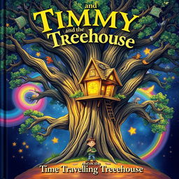 A captivating cover illustration for 'Timmy and the Time-Traveling Treehouse' featuring an ancient, majestic oak tree with a magical treehouse nestled among its branches