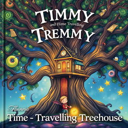 A captivating cover illustration for 'Timmy and the Time-Traveling Treehouse' featuring an ancient, majestic oak tree with a magical treehouse nestled among its branches