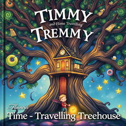 A captivating cover illustration for 'Timmy and the Time-Traveling Treehouse' featuring an ancient, majestic oak tree with a magical treehouse nestled among its branches