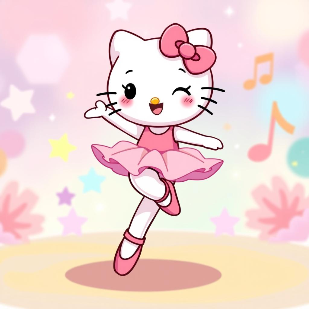 A cartoon character similar to Hello Kitty, dancing with joyful expression in a colorful and vibrant setting