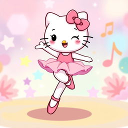 A cartoon character similar to Hello Kitty, dancing with joyful expression in a colorful and vibrant setting