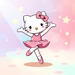 A cartoon character similar to Hello Kitty, dancing with joyful expression in a colorful and vibrant setting